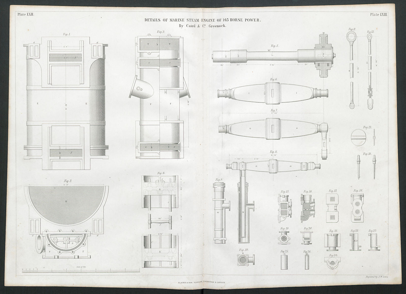 19C ENGINEERING DRAWING 145hp marine steam engine details. Caird, Greenock 1847